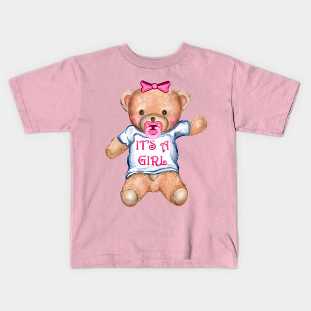 It's A Girl Teddy Bear with Pacifier Kids T-Shirt by Art by Deborah Camp